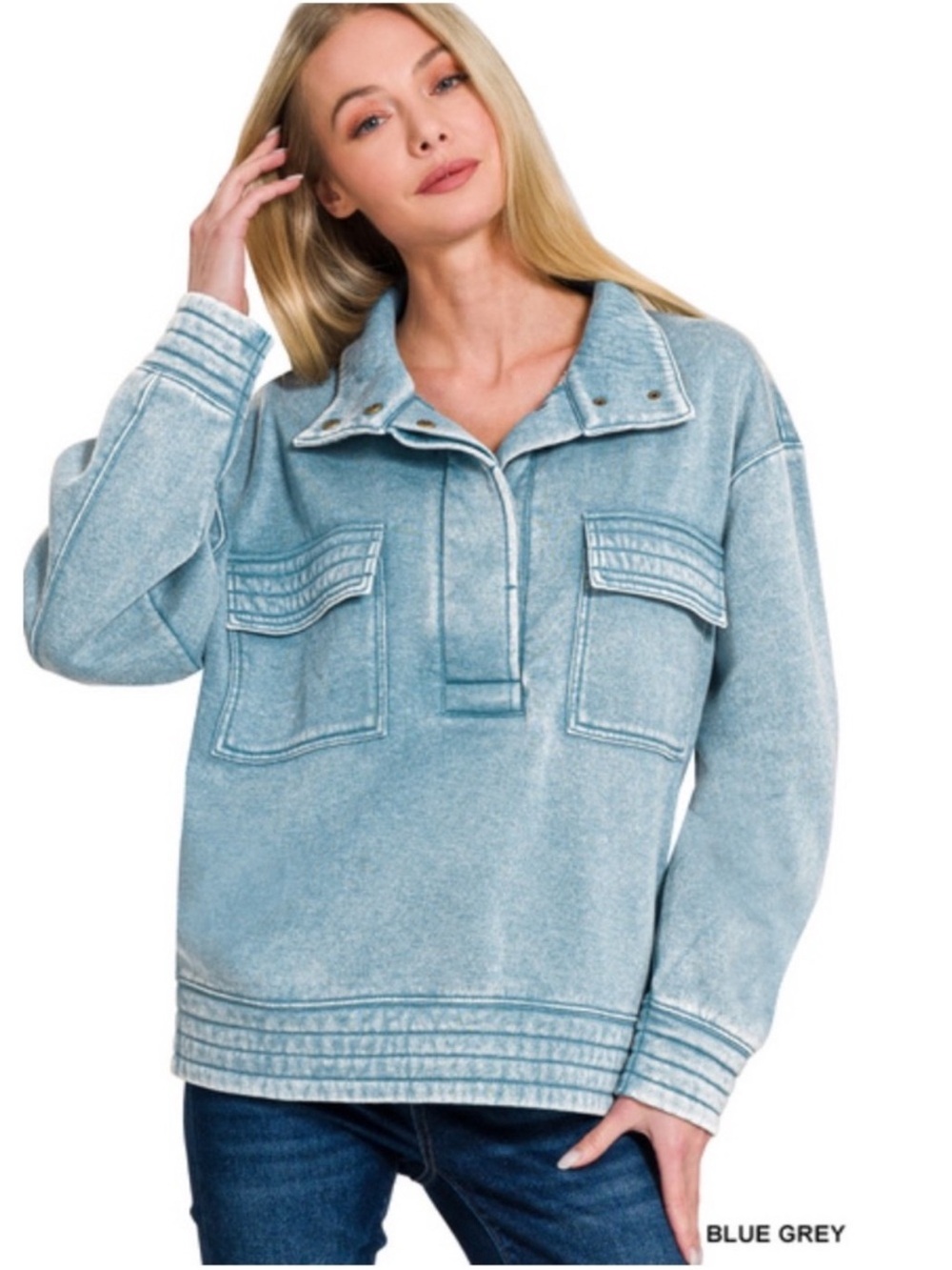 Zenana Outfitters Blue-Grey Pullover Sweatshirt